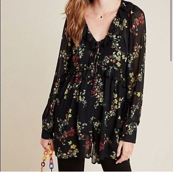 Anthropologie Tops - Anthropologie Black Pleated Tunic with Mandarin Collar